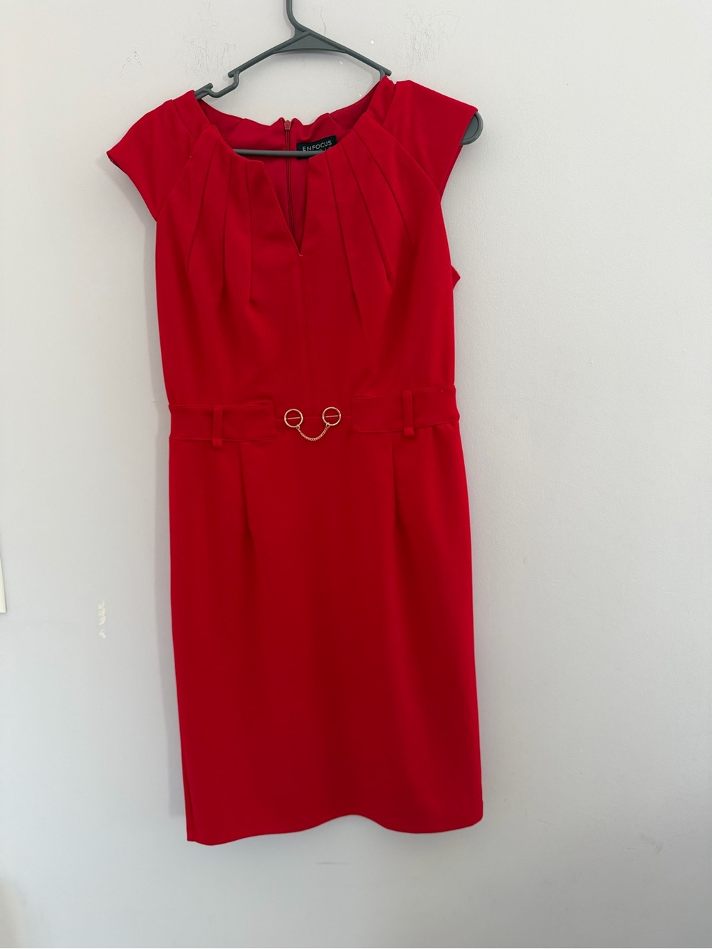 Enfocus Studio Red Cap-Sleeve Midi Dress with Gold Belt Accent